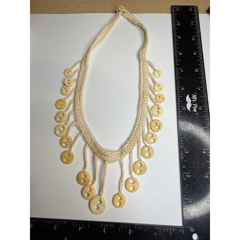 Handmade Crochet Fringe Necklace with Natural Bone Discs Cream Boho Statement